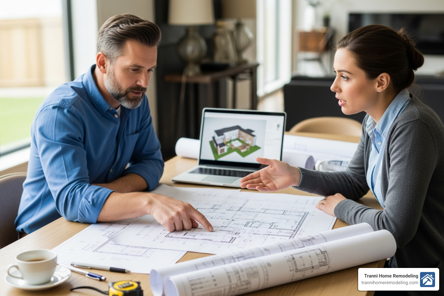 contractor and homeowner reviewing blueprints together - bedroom addition contractor