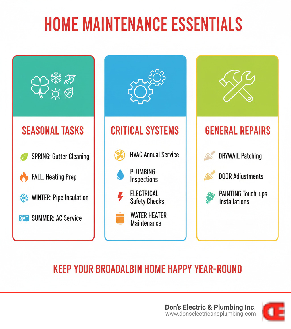 Infographic showing three key categories of home maintenance: Seasonal Tasks (spring gutter cleaning, fall heating prep, winter pipe insulation, summer AC service), Critical Systems (HVAC annual service, plumbing inspections, electrical safety checks, water heater maintenance), and General Repairs (drywall patching, door adjustments, painting touch-ups, fixture installations) - home maintenance broadalbin infographic 