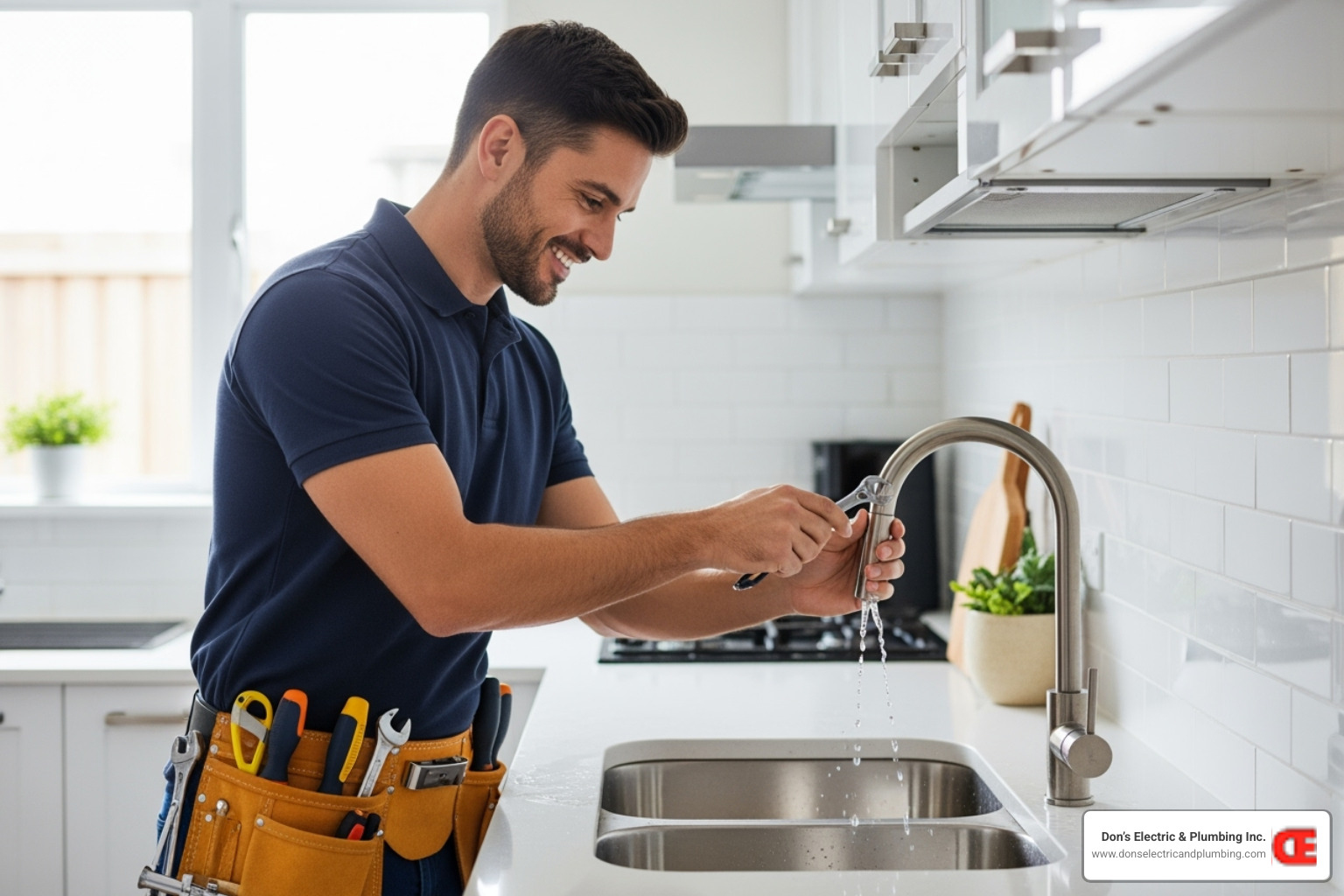A friendly technician with a tool belt and a confident smile, fixing a leaky faucet in a clean, modern kitchen - home maintenance broadalbin