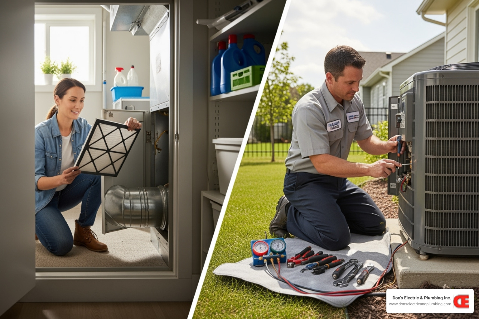A split image showing on the left, a homeowner easily changing an HVAC air filter, and on the right, a professional HVAC technician meticulously servicing an outdoor unit with specialized tools - home maintenance broadalbin