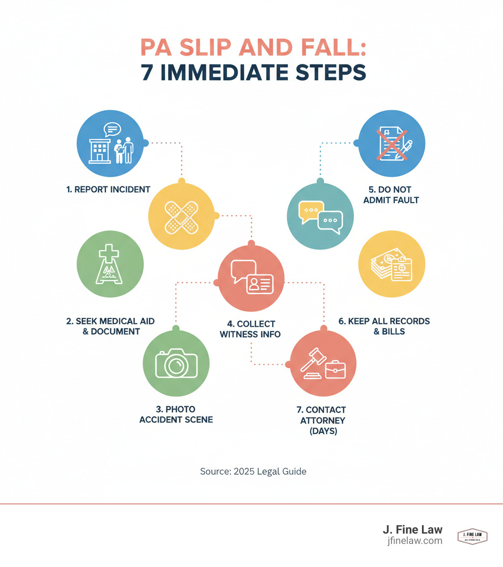 infographic showing steps after a slip and fall: 1. Report the incident to property owner or manager, 2. Seek immediate medical attention and document all injuries, 3. Take photos of the accident scene and hazardous condition, 4. Collect witness contact information, 5. Do not admit fault or sign statements, 6. Keep all medical bills and records, 7. Contact a slip and fall attorney within days - PA slip and fall attorney infographic infographic showing steps after a slip and fall: 1. Report the incident to property owner or manager, 2. Seek immediate medical attention and document all injuries, 3. Take photos of the accident scene and hazardous condition, 4. Collect witness contact information, 5. Do not admit fault or sign statements, 6. Keep all medical bills and records, 7. Contact a slip and fall attorney within days - PA slip and fall attorney infographic
