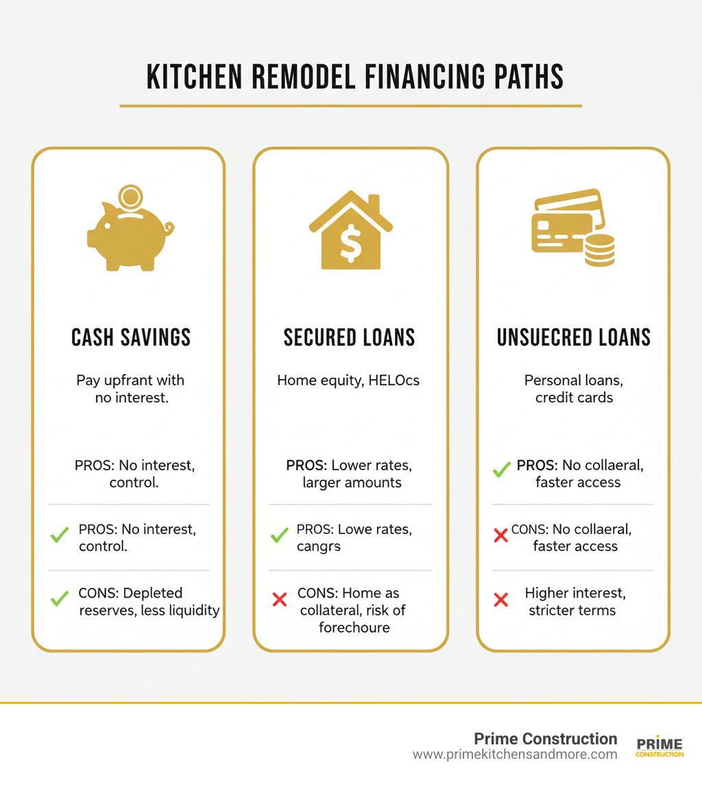 infographic showing three main financing paths for kitchen remodels: Cash Savings showing a piggy bank with pros of no interest and cons of depleted reserves, Secured Loans showing a house icon with home equity loans and HELOCs offering lower rates but using home as collateral, and Unsecured Loans showing a credit card and personal loan with no collateral required but higher interest rates - kitchen remodel financing options infographic 