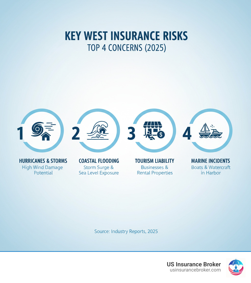 Infographic showing the top four insurance risks in Key West: 1) Hurricanes and tropical storms with high wind damage potential, 2) Coastal flooding and storm surge from sea level exposure, 3) Tourism-related liability for businesses and rental properties, and 4) Marine incidents affecting boats and watercraft in the busy harbor - Key West insurance infographic Infographic showing the top four insurance risks in Key West: 1) Hurricanes and tropical storms with high wind damage potential, 2) Coastal flooding and storm surge from sea level exposure, 3) Tourism-related liability for businesses and rental properties, and 4) Marine incidents affecting boats and watercraft in the busy harbor - Key West insurance infographic
