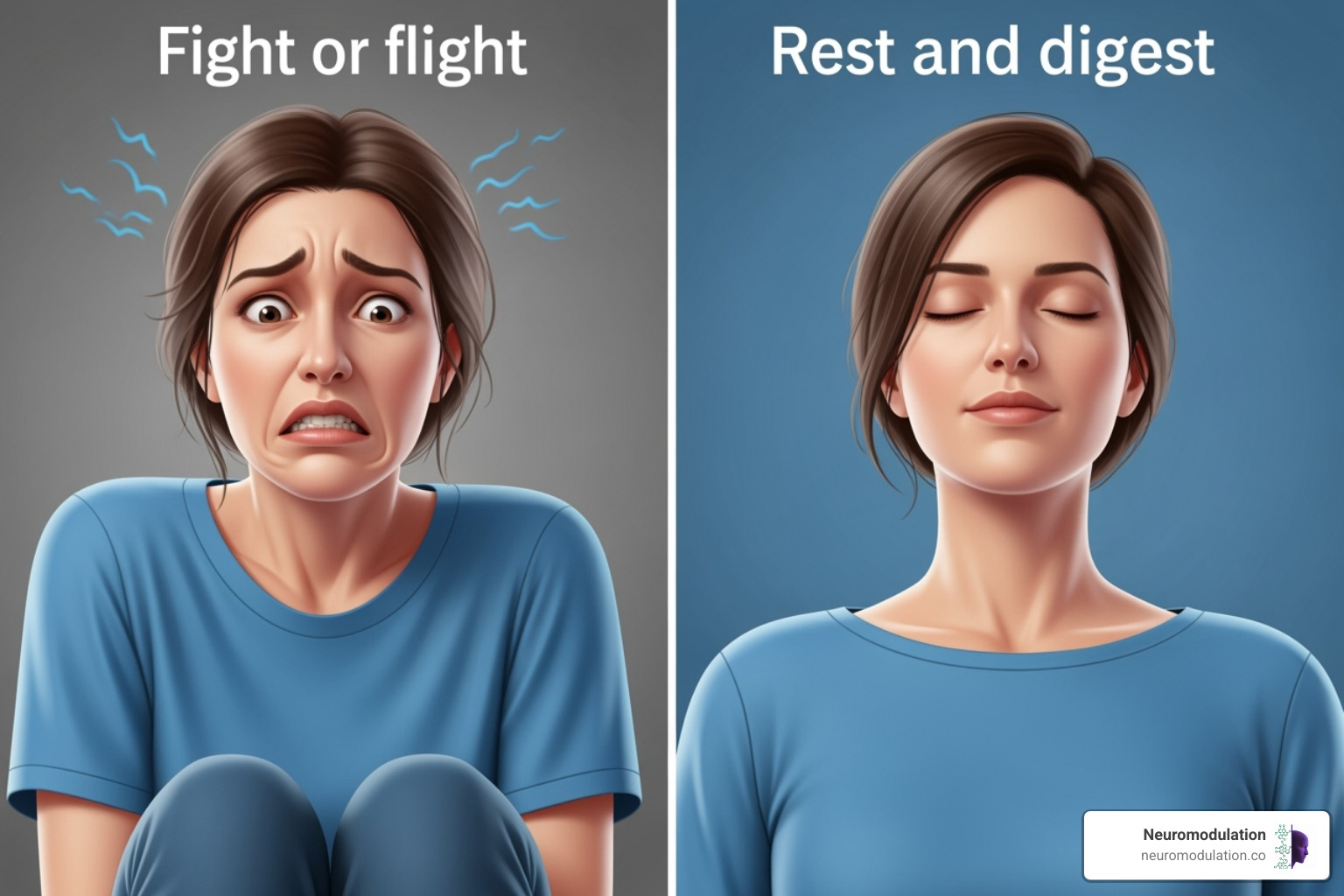 Infographic detailing the sympathetic and parasympathetic nervous systems. On one side, the sympathetic system shows a person in a stressful situation with increased heart rate, shallow breathing, dilated pupils, and inhibited digestion. On the other, the parasympathetic system shows a person relaxed, with a calm heart rate, deep breathing, constricted pupils, and active digestion. The vagus nerve is highlighted as the primary driver of the parasympathetic response. - Singing vagus nerve