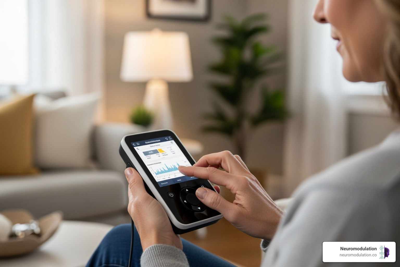 patient using the handheld controller for their neurostimulator - DRG for chronic pain