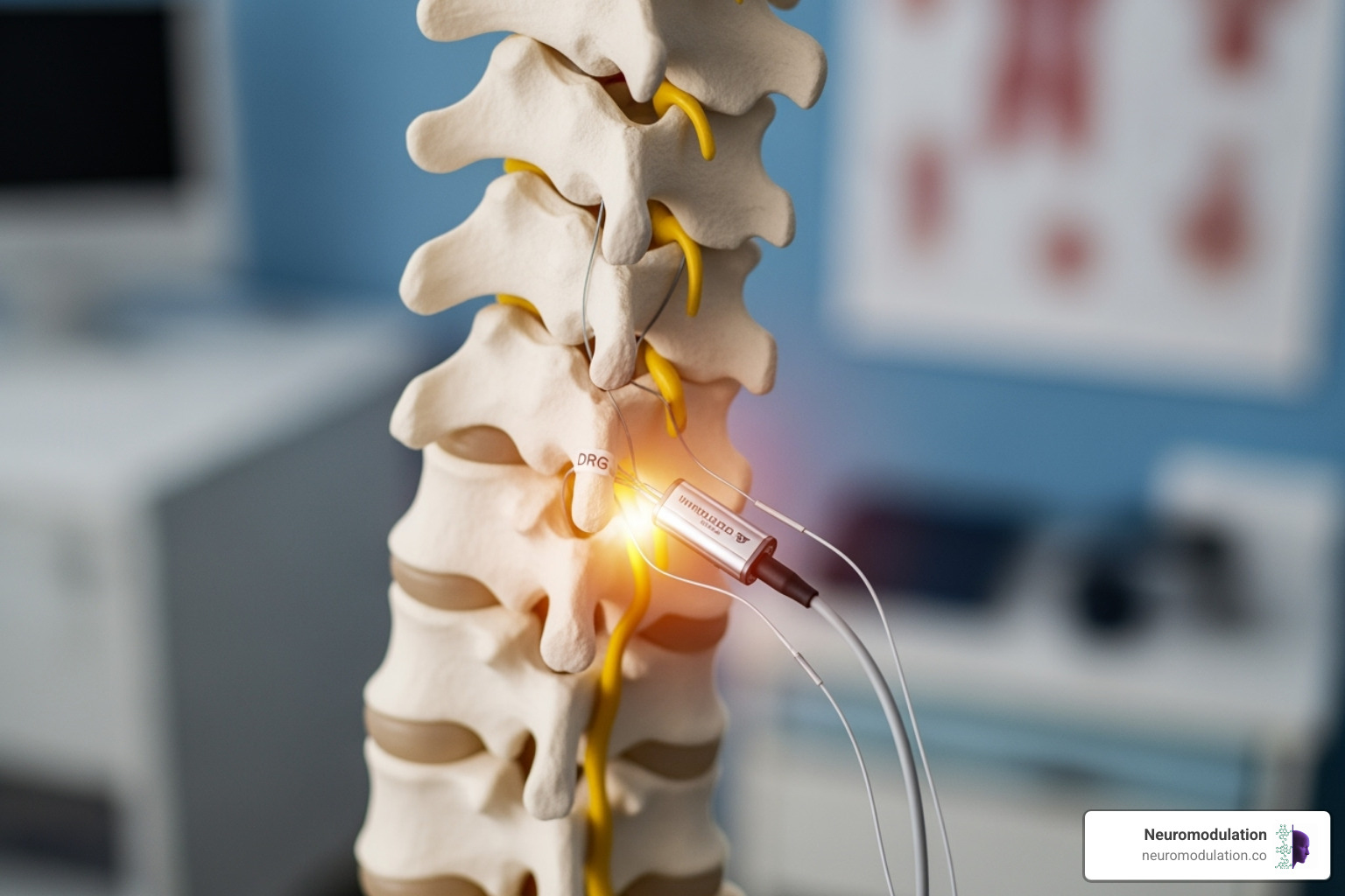 a detailed anatomical view of the DRG's position relative to the spinal cord and vertebra - DRG for chronic pain