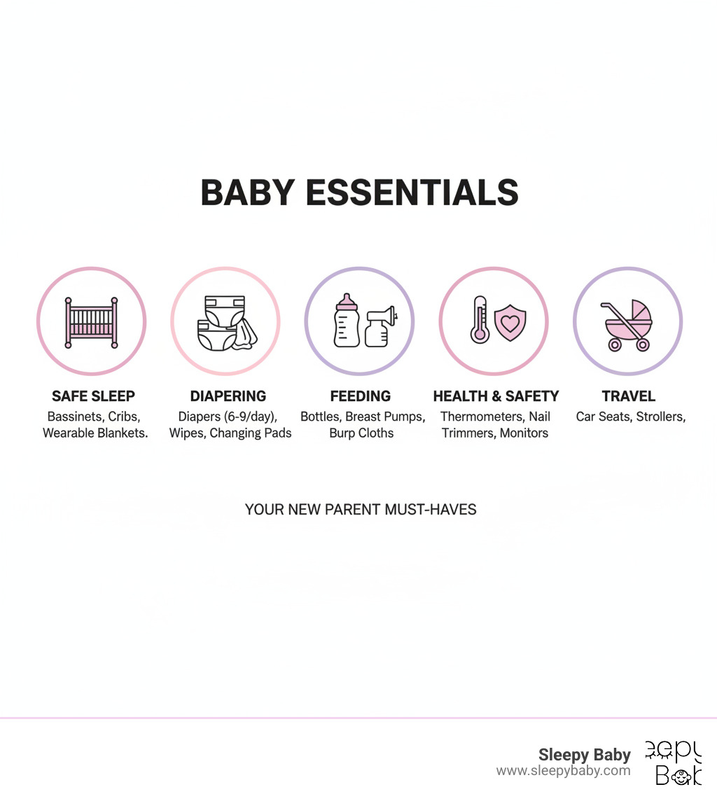 Infographic showing five core categories of baby essentials: Safe Sleep includes bassinets, cribs, and wearable blankets; Diapering shows diapers, wipes, and changing pads; Feeding displays bottles, breast pumps, and burp cloths; Health & Safety features thermometers, nail trimmers, and monitors; Travel shows car seats and strollers with quantity recommendations for each item - must haves for new parents infographic 