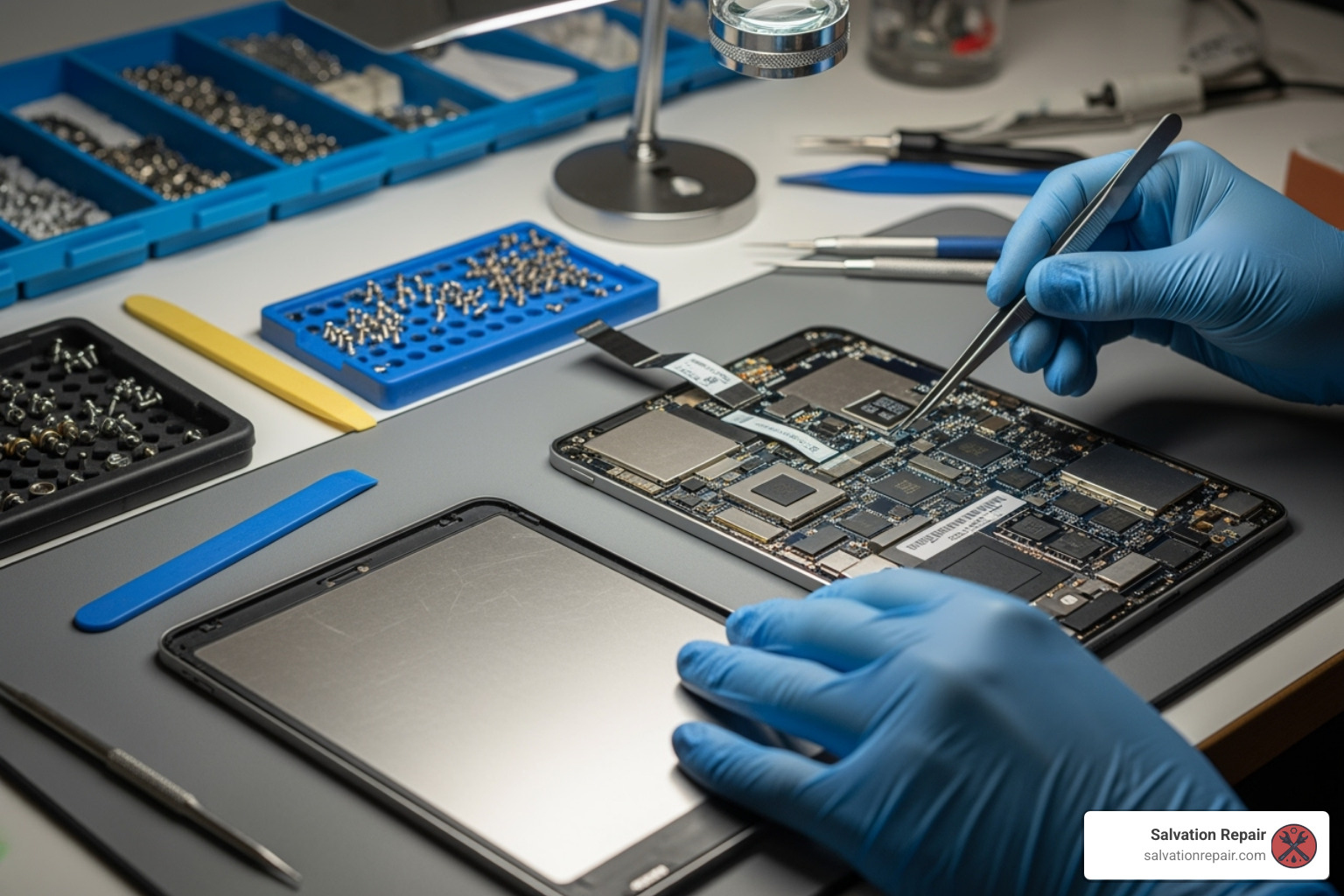 Technician inspecting an iPad's internal components - ipad water damage repair cost