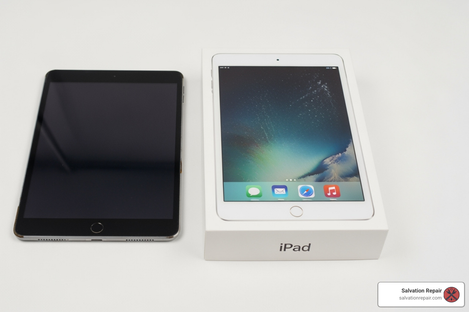 Repaired iPad next to a new iPad in a box - ipad water damage repair cost