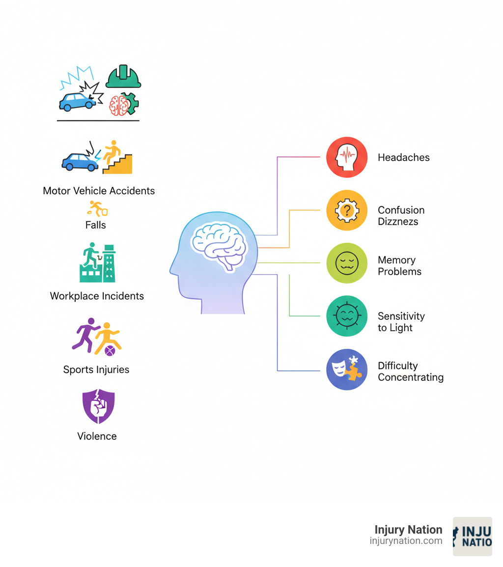 Infographic showing the common causes of traumatic brain injury (motor vehicle accidents, falls, workplace incidents, sports injuries, and violence) alongside initial symptoms including headaches, dizziness, confusion, memory problems, nausea, sensitivity to light, mood changes, and difficulty concentrating - brain injury attorney infographic 