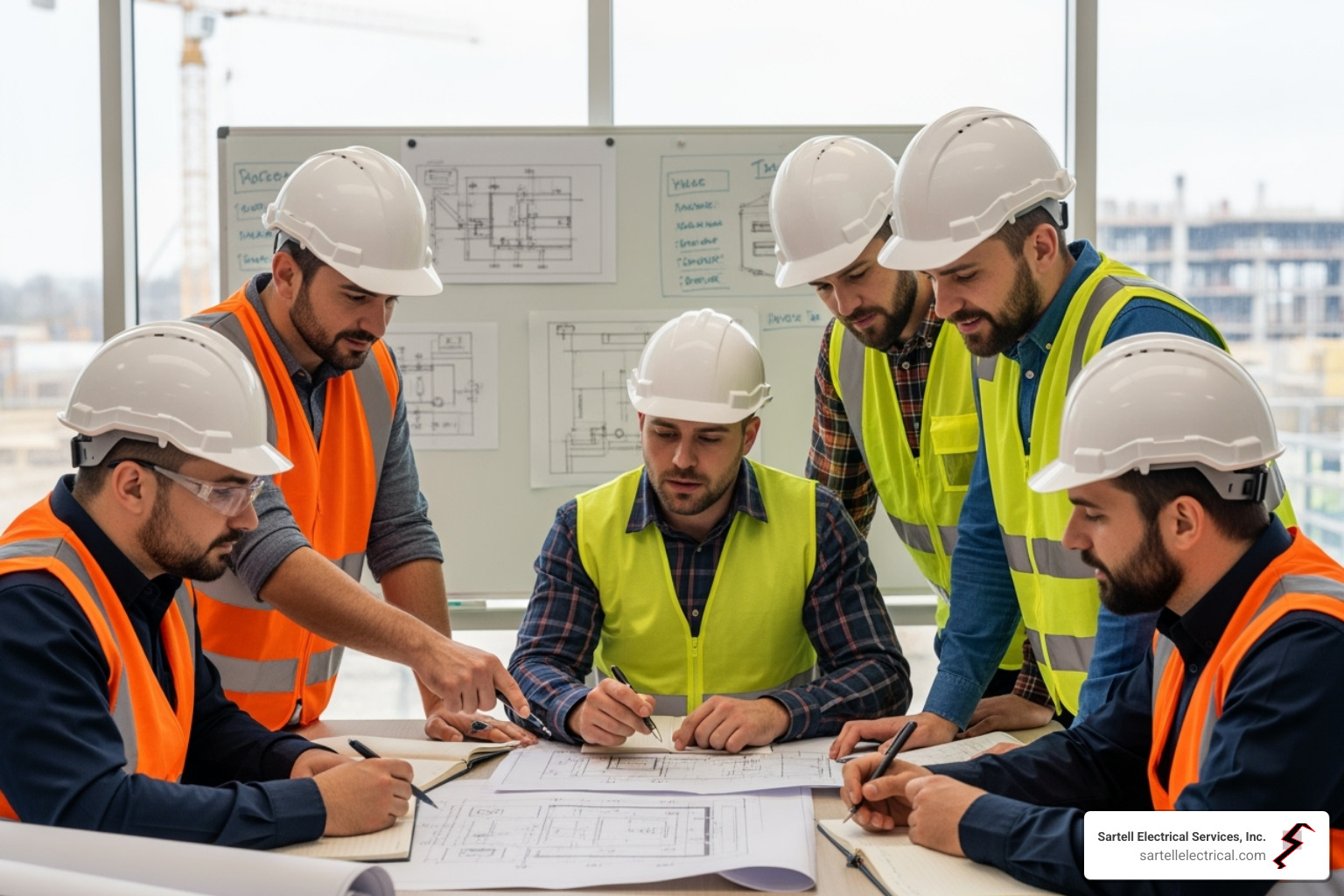 A team of electricians in a pre-construction meeting reviewing blueprints and discussing project details - Telecom Electrical Contractor Boston