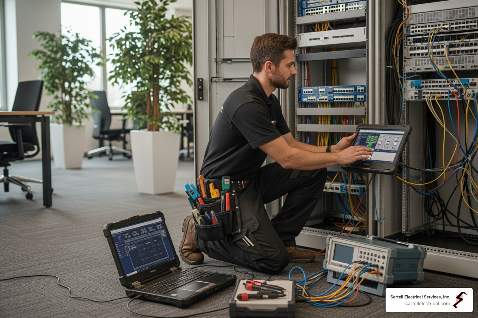 An electrician testing network cables in a commercial office with a laptop and specialized equipment - Telecom Electrical Contractor Boston