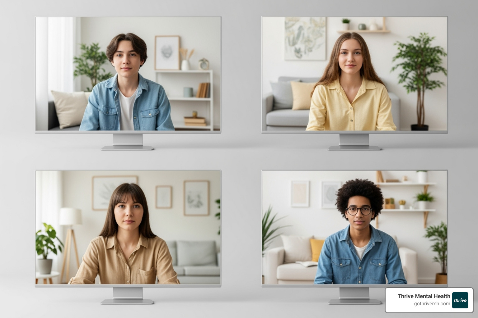 Diverse group of teens engaged in a virtual group therapy session, each in their own home environment, looking focused and connected. - adolescent iop near me orlando serve young adults Diverse group of teens engaged in a virtual group therapy session, each in their own home environment, looking focused and connected. - adolescent iop near me orlando serve young adults