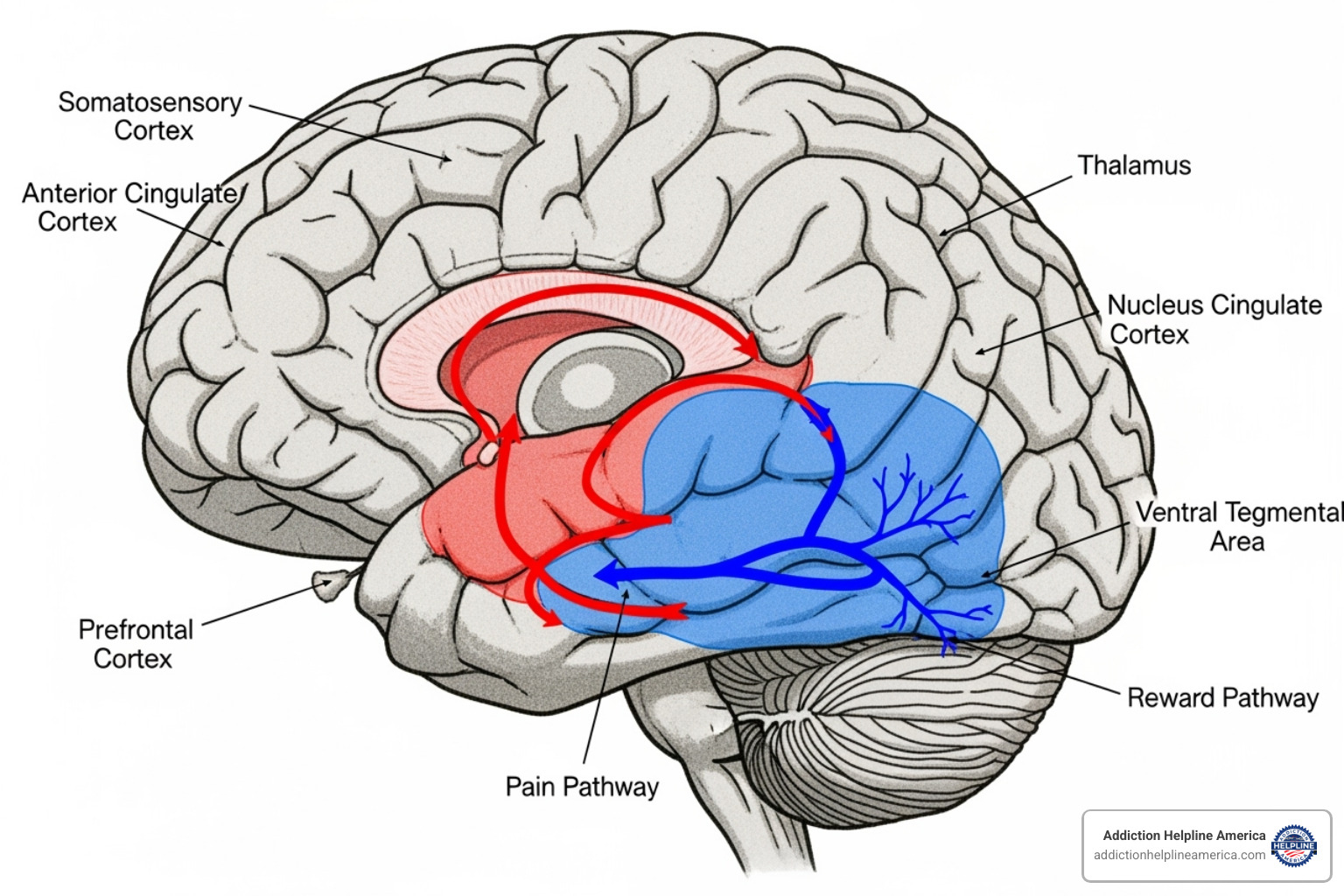 brain diagram highlighting pain signals and reward pathways - meloxicam addiction