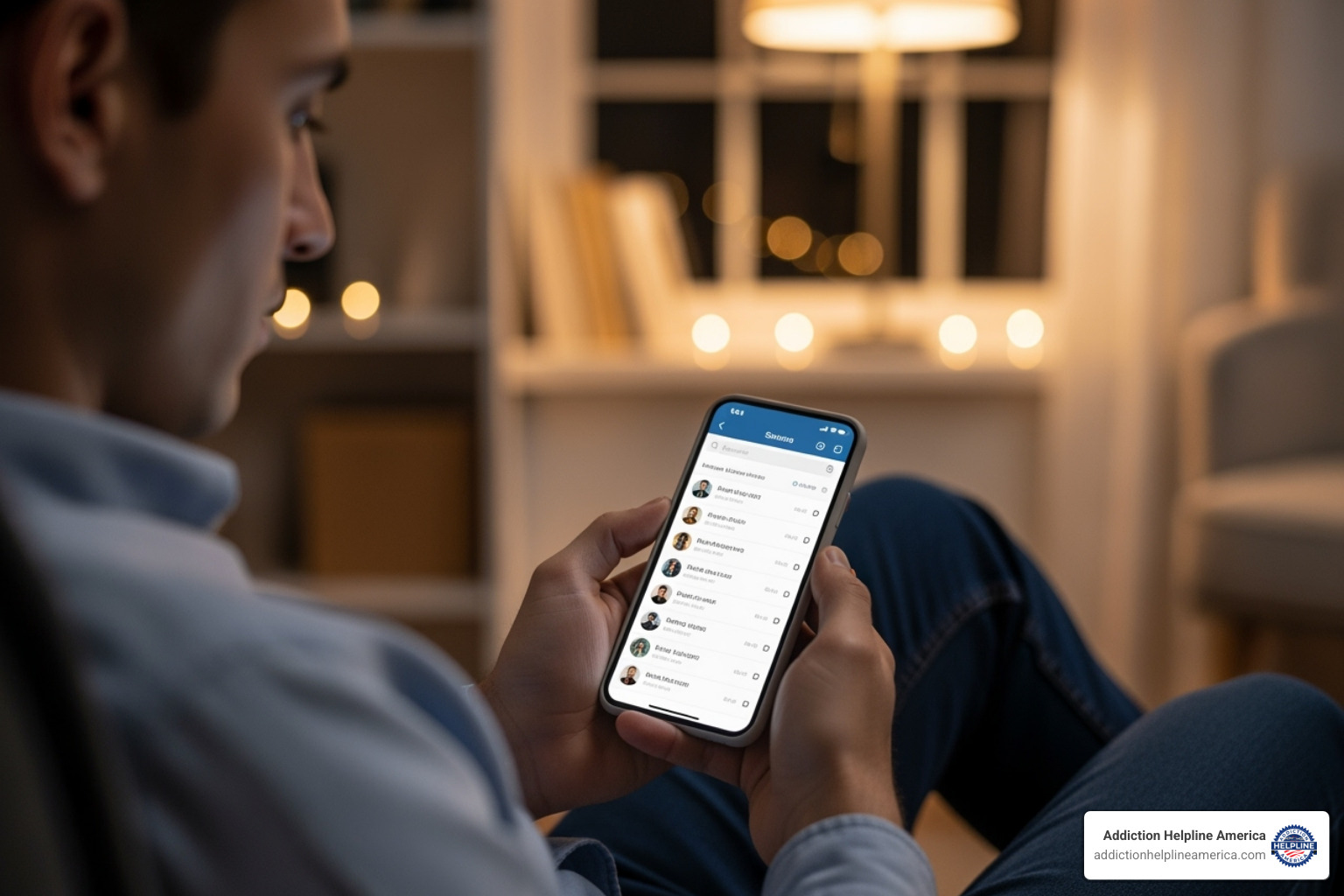 person looking at a smartphone screen showing a list of contacts - mental health helpline person looking at a smartphone screen showing a list of contacts - mental health helpline