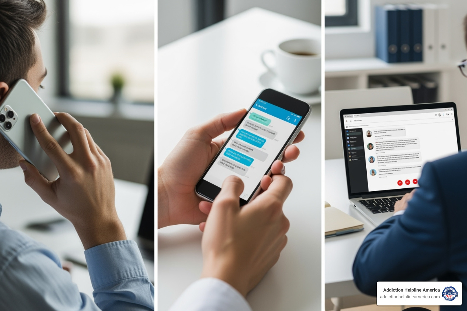 split screen showing a person talking on the phone, texting, and using a laptop for a chat - mental health helpline split screen showing a person talking on the phone, texting, and using a laptop for a chat - mental health helpline