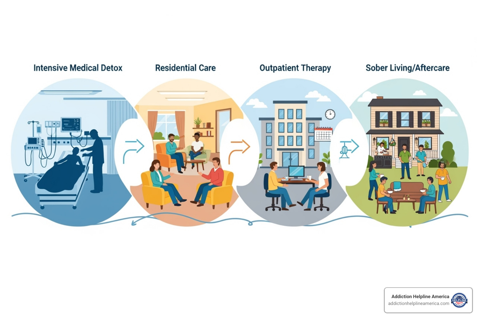 Illustration of different levels of addiction treatment care - rehab in New Orleans Illustration of different levels of addiction treatment care - rehab in New Orleans