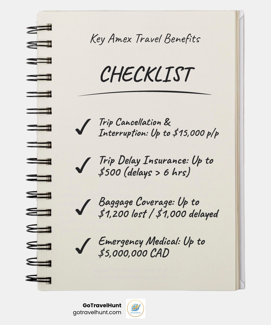 infographic showing american express flight insurance types including trip cancellation with dollar sign icon, trip delay with clock icon, baggage loss with suitcase icon, emergency medical with medical cross icon, and travel accident with shield icon with coverage amounts listed for each - american express flight insurance infographic checklist-notebook