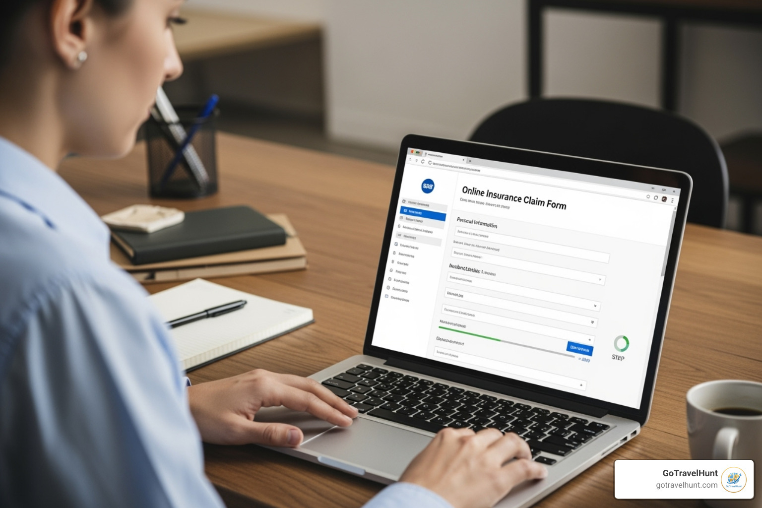 person on a laptop on a claims website - american express flight insurance