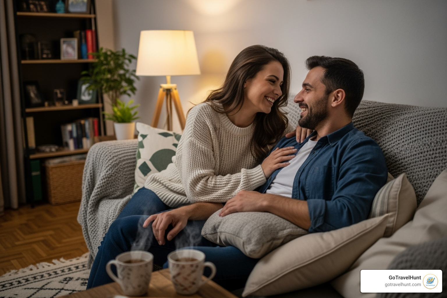 A couple communicating happily in a cozy setting - couples retreats in usa A couple communicating happily in a cozy setting - couples retreats in usa