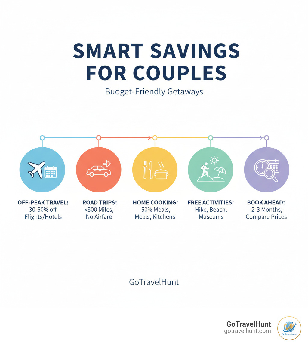Infographic showing 5 key money-saving strategies for couples: 1. Travel during shoulder season or off-peak times for 30-50% savings on accommodations and flights. 2. Choose road-trip destinations within 300 miles to eliminate airfare costs. 3. Book vacation rentals with kitchens and cook 50% of meals to save on dining. 4. Prioritize free activities like hiking, beach days, free museum hours, and sunset viewing. 5. Book flights and hotels 2-3 months in advance and use price comparison tools to find the best deals. - budget friendly couple getaways infographic 