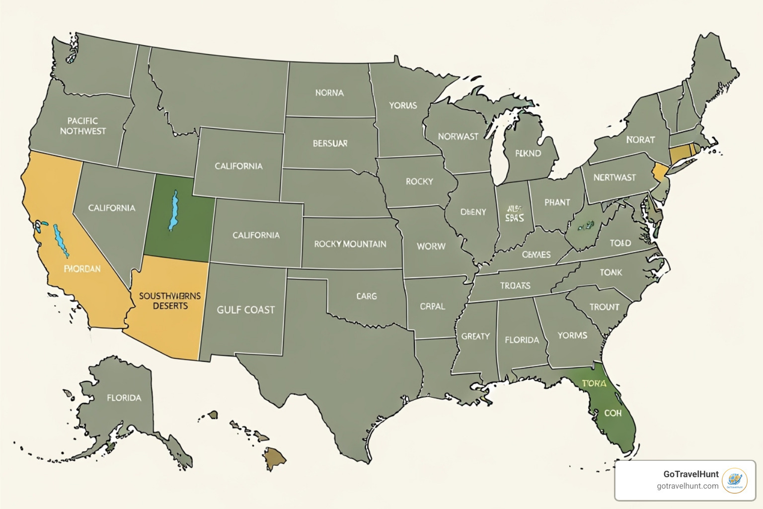 map of the US highlighting the regions mentioned - budget friendly couple getaways