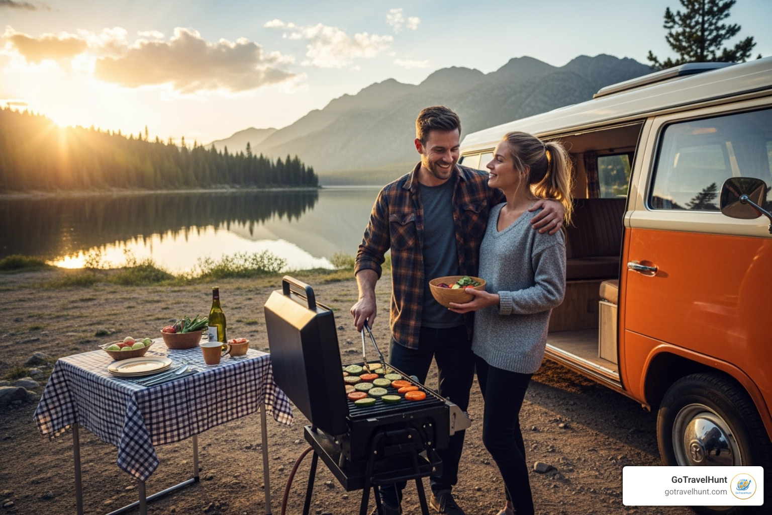 couple cooking a meal outside their RV with a scenic backdrop - budget friendly couple getaways
