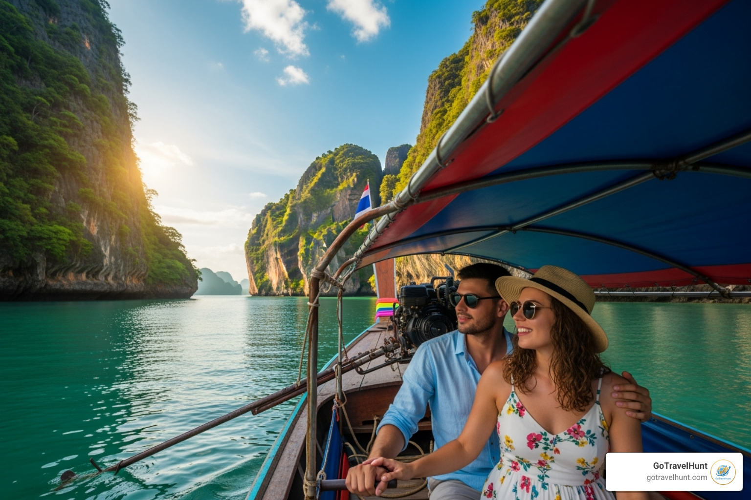 couple in a long-tail boat in Thailand - budget friendly couple getaways