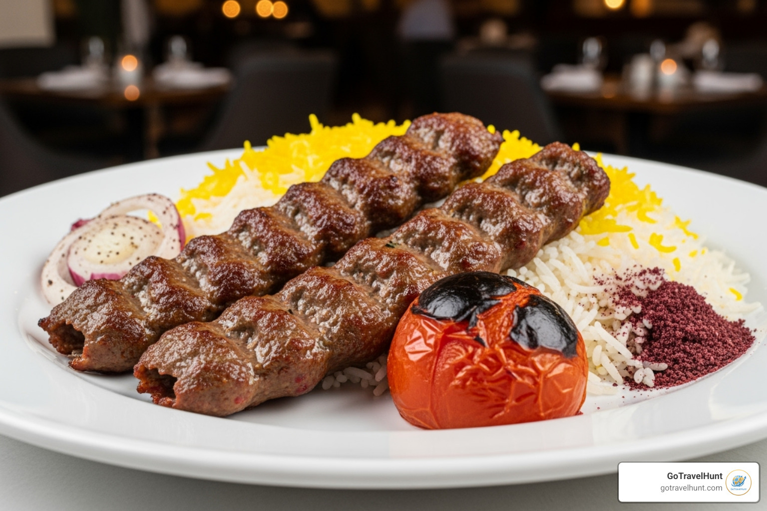 Beautifully plated Chelo Kebab Koobideh - iran restaurant near me Beautifully plated Chelo Kebab Koobideh - iran restaurant near me