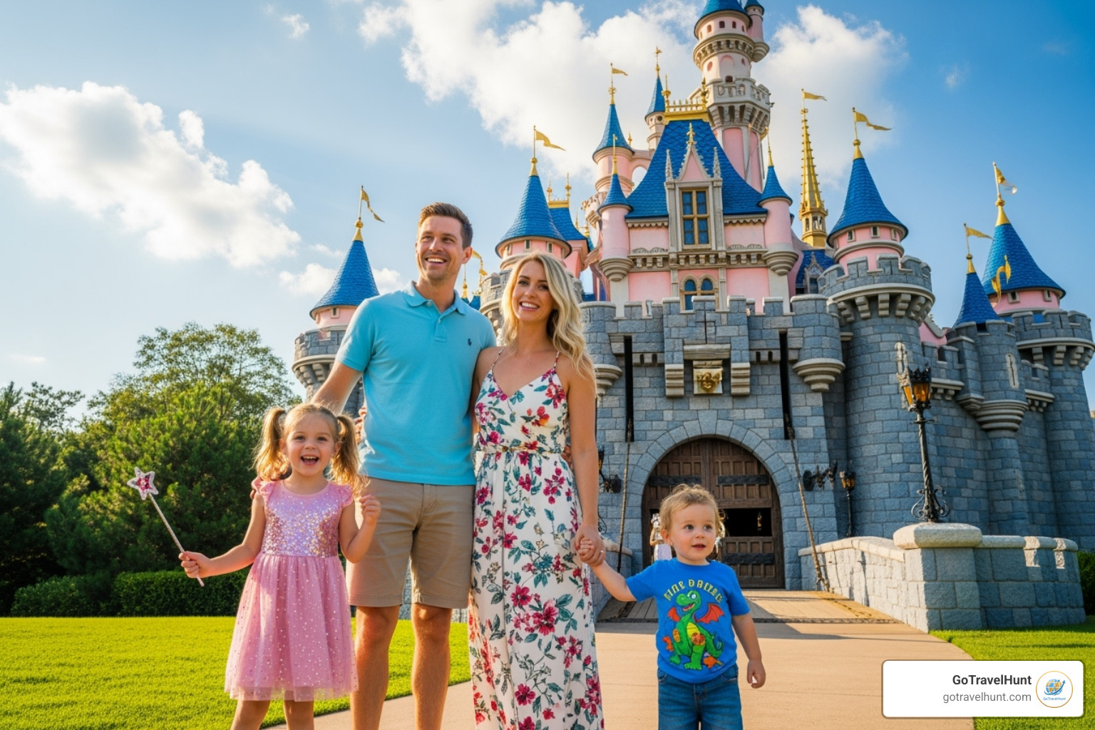family in front of a fairytale castle - best destination for family vacation family in front of a fairytale castle - best destination for family vacation