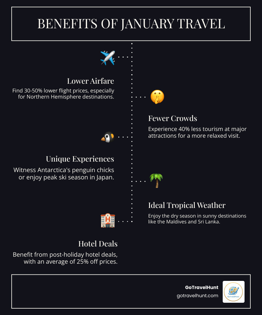 Infographic showing the benefits of January travel: 30-50% lower airfare in Northern Hemisphere, 40% fewer tourists at major attractions, unique seasonal experiences like Antarctica's penguin chicks and Japan's peak ski season, dry season in tropical destinations like Maldives and Sri Lanka, post-holiday hotel deals averaging 25% off, and ideal weather windows for climbing Kilimanjaro and whale watching in Baja California - best place to visit in january infographic infographic-line-5-steps-dark