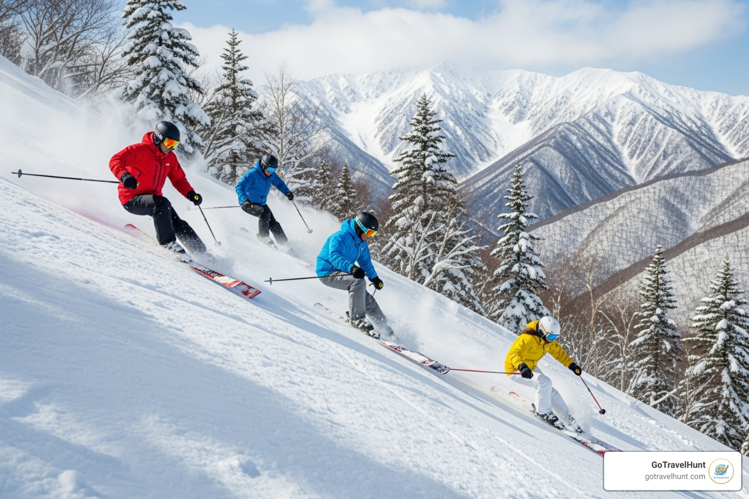 skiers on a snowy slope in Nagano, Japan - best place to visit in january