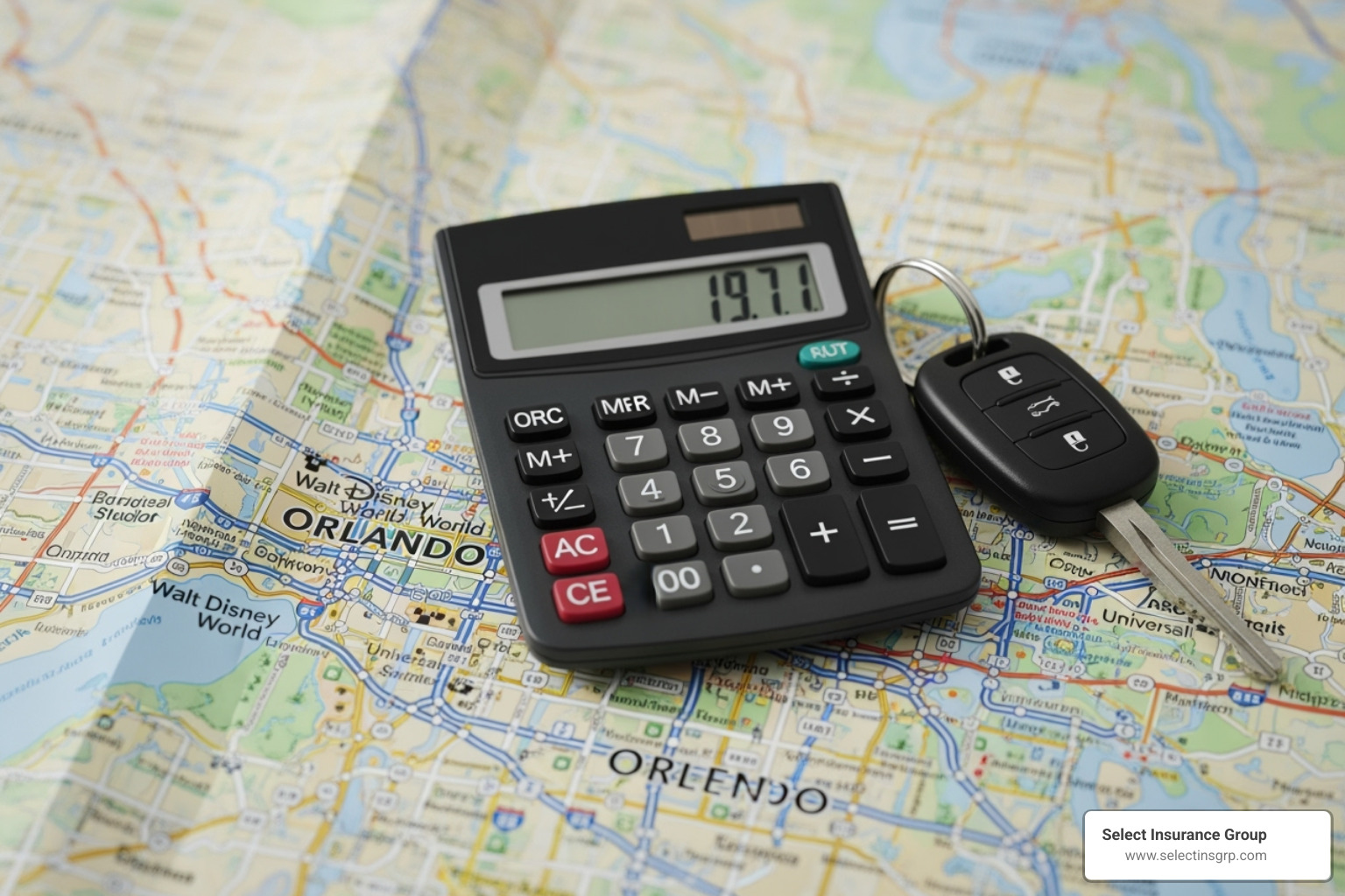 Calculator and car keys on a map of Orlando - car insurance orlando florida
