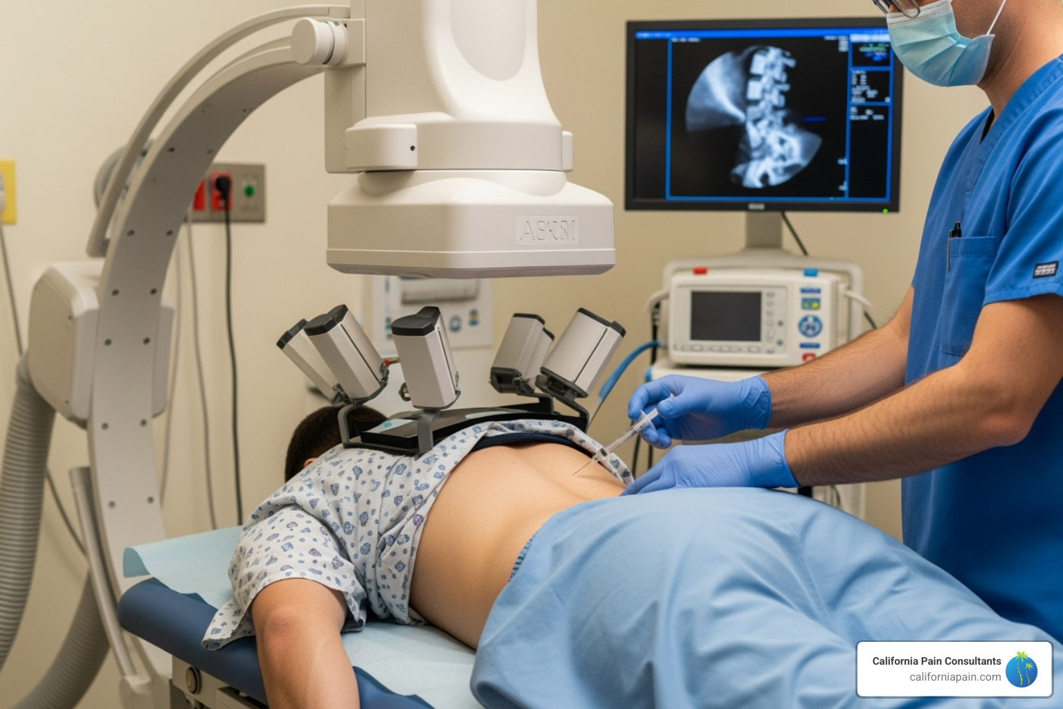 A patient lies face down on a medical table, with a doctor carefully administering an injection into their lower back under fluoroscopic guidance - back pain injections A patient lies face down on a medical table, with a doctor carefully administering an injection into their lower back under fluoroscopic guidance - back pain injections