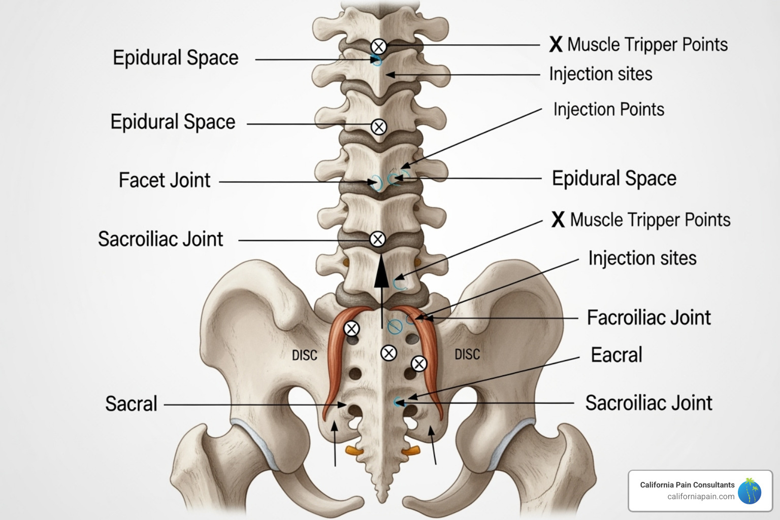 Spine diagram showing different injection sites: epidural space, facet joint, sacroiliac joint, and trigger points - back pain injections Spine diagram showing different injection sites: epidural space, facet joint, sacroiliac joint, and trigger points - back pain injections