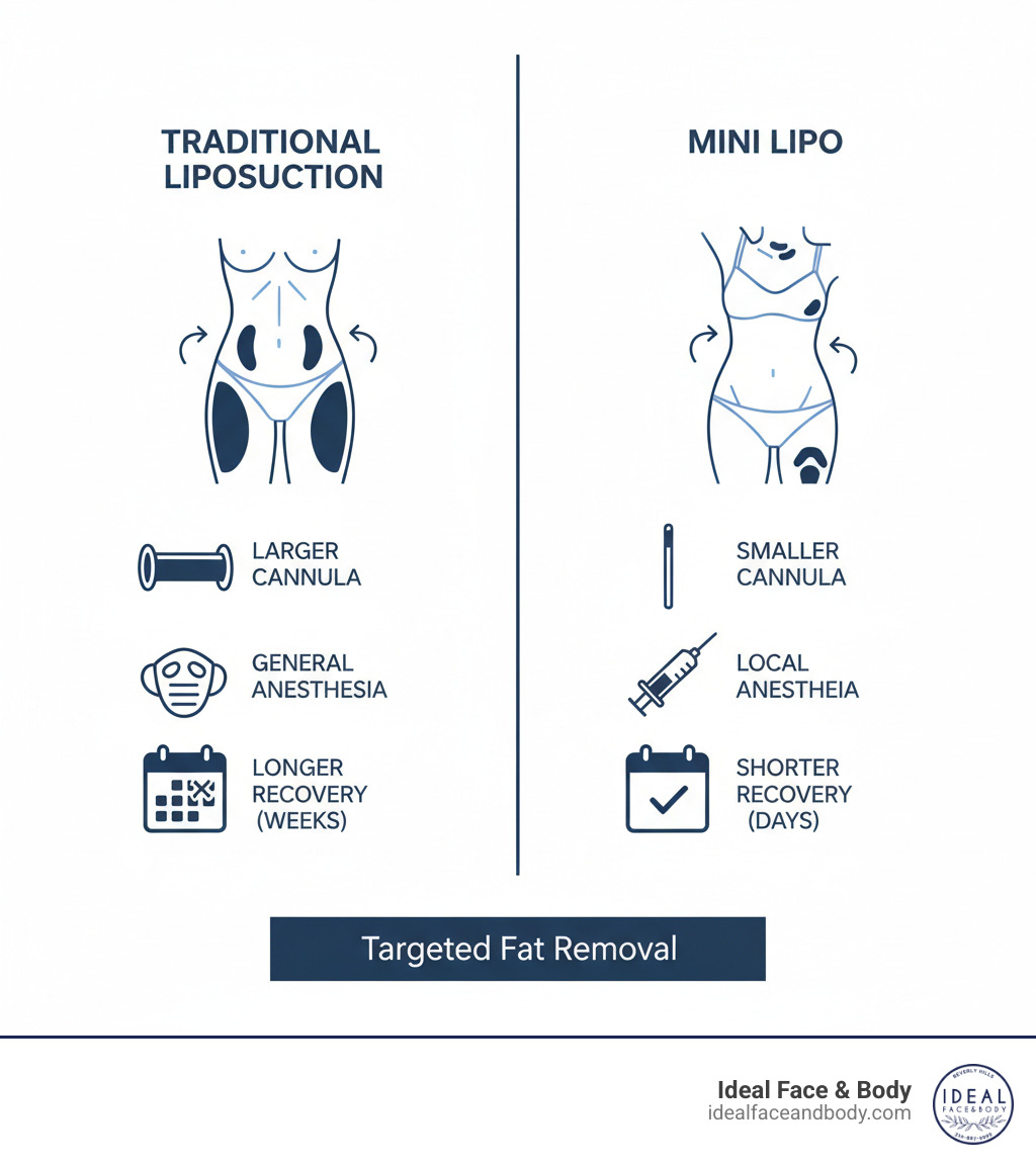 Infographic showing the difference between traditional liposuction targeting large body areas like abdomen and thighs versus mini lipo targeting small specific areas like chin, bra bulge, and knees, with smaller cannula size, local vs general anesthesia, and shorter recovery time - what is mini lipo infographic Infographic showing the difference between traditional liposuction targeting large body areas like abdomen and thighs versus mini lipo targeting small specific areas like chin, bra bulge, and knees, with smaller cannula size, local vs general anesthesia, and shorter recovery time - what is mini lipo infographic