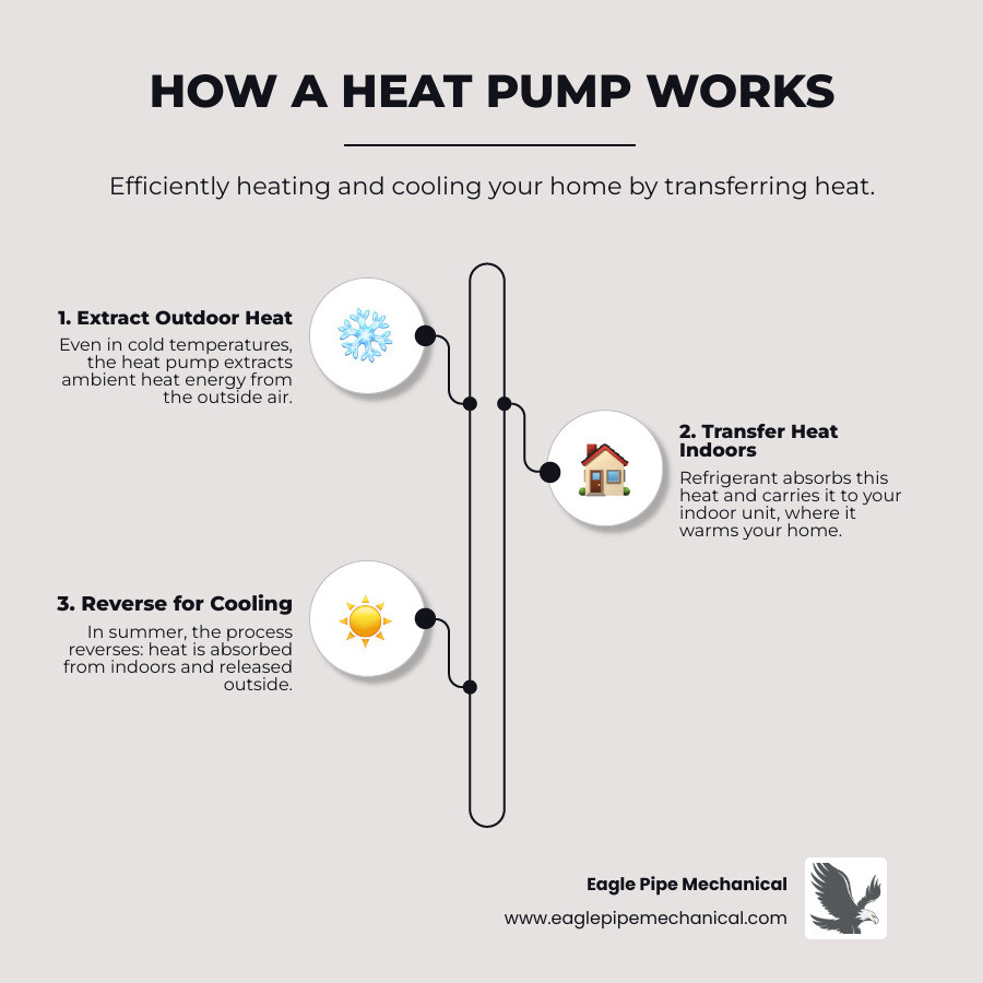 Infographic showing how heat pumps work by extracting heat from outdoor air even in cold weather and transferring it indoors during winter, then reversing the process in summer to remove heat from inside the home, with arrows indicating heat transfer direction and labeled components including outdoor unit, indoor unit, refrigerant lines, and reversing valve - heat pump replacement bremerton wa infographic infographic-line-3-steps-elegant_beige Infographic showing how heat pumps work by extracting heat from outdoor air even in cold weather and transferring it indoors during winter, then reversing the process in summer to remove heat from inside the home, with arrows indicating heat transfer direction and labeled components including outdoor unit, indoor unit, refrigerant lines, and reversing valve - heat pump replacement bremerton wa infographic infographic-line-3-steps-elegant_beige