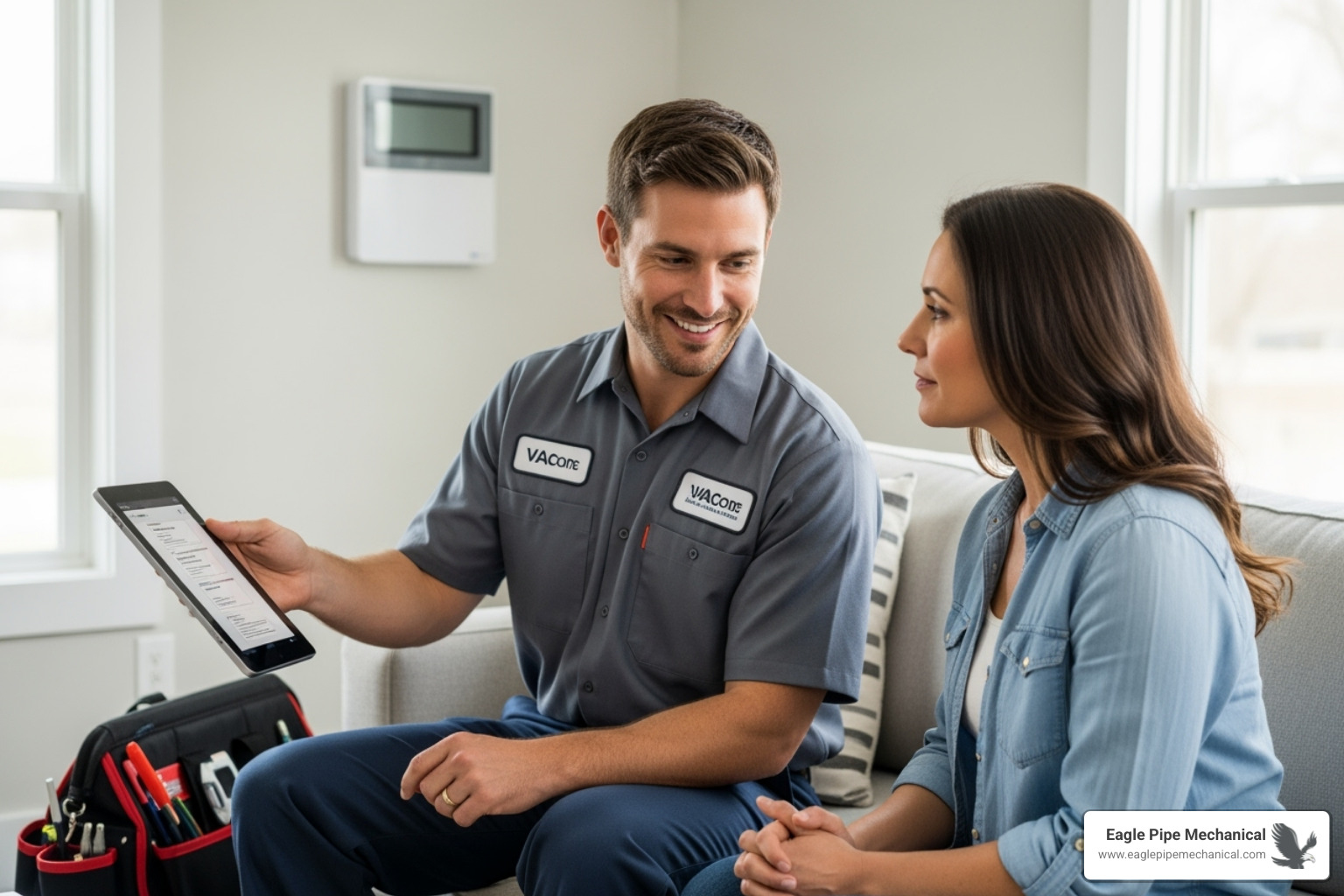 Friendly HVAC technician consulting with a homeowner - heat pump replacement bremerton wa Friendly HVAC technician consulting with a homeowner - heat pump replacement bremerton wa