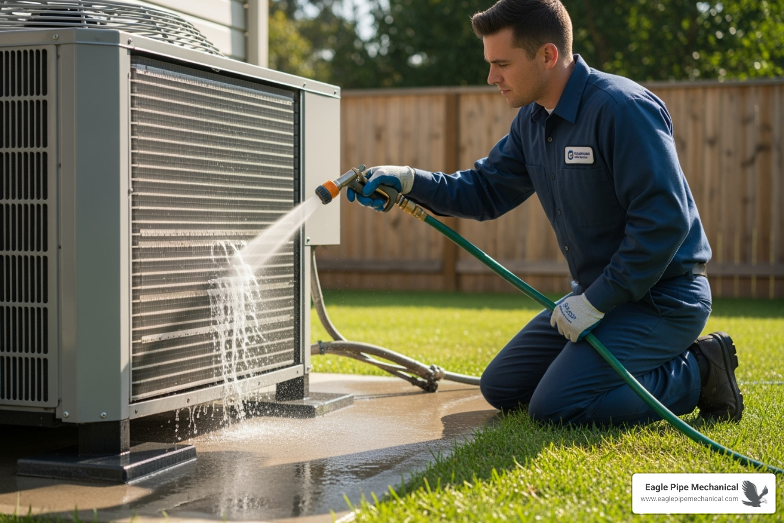 Technician cleaning the coils on an outdoor heat pump unit - heat pump replacement bremerton wa Technician cleaning the coils on an outdoor heat pump unit - heat pump replacement bremerton wa