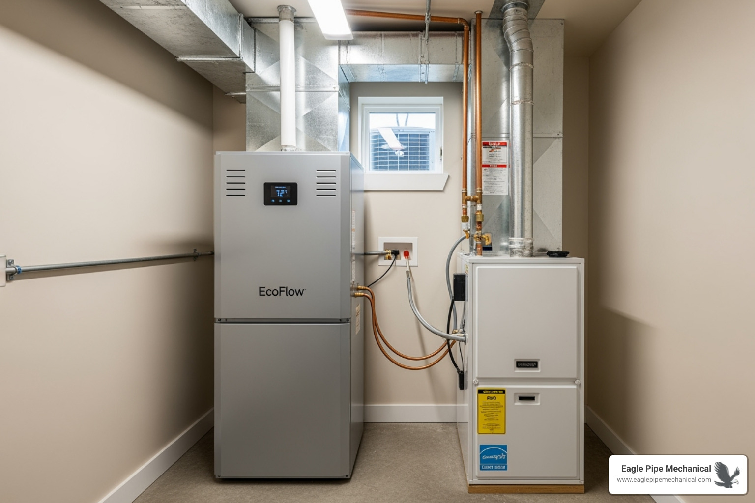 Modern heat pump and high-efficiency furnace side-by-side - HVAC Installation Installation Bremerton Wa Modern heat pump and high-efficiency furnace side-by-side - HVAC Installation Installation Bremerton Wa