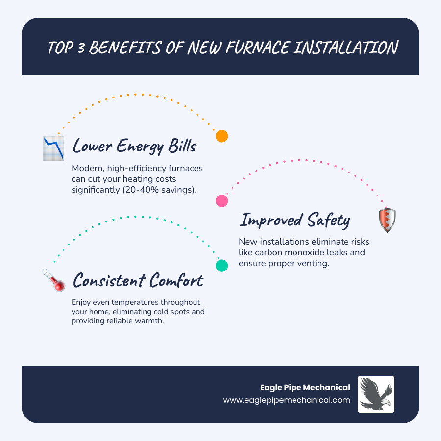 Infographic showing three main benefits of new furnace installation: 1. Lower Energy Bills with dollar sign and downward arrow showing 20-40% savings from high-efficiency models, 2. Improved Safety with shield icon highlighting carbon monoxide prevention and proper venting, 3. Consistent Comfort with thermostat icon showing even temperatures throughout your home with no cold spots - Furnace installation Port Orchard infographic infographic-line-3-steps-blues-accent_colors Infographic showing three main benefits of new furnace installation: 1. Lower Energy Bills with dollar sign and downward arrow showing 20-40% savings from high-efficiency models, 2. Improved Safety with shield icon highlighting carbon monoxide prevention and proper venting, 3. Consistent Comfort with thermostat icon showing even temperatures throughout your home with no cold spots - Furnace installation Port Orchard infographic infographic-line-3-steps-blues-accent_colors