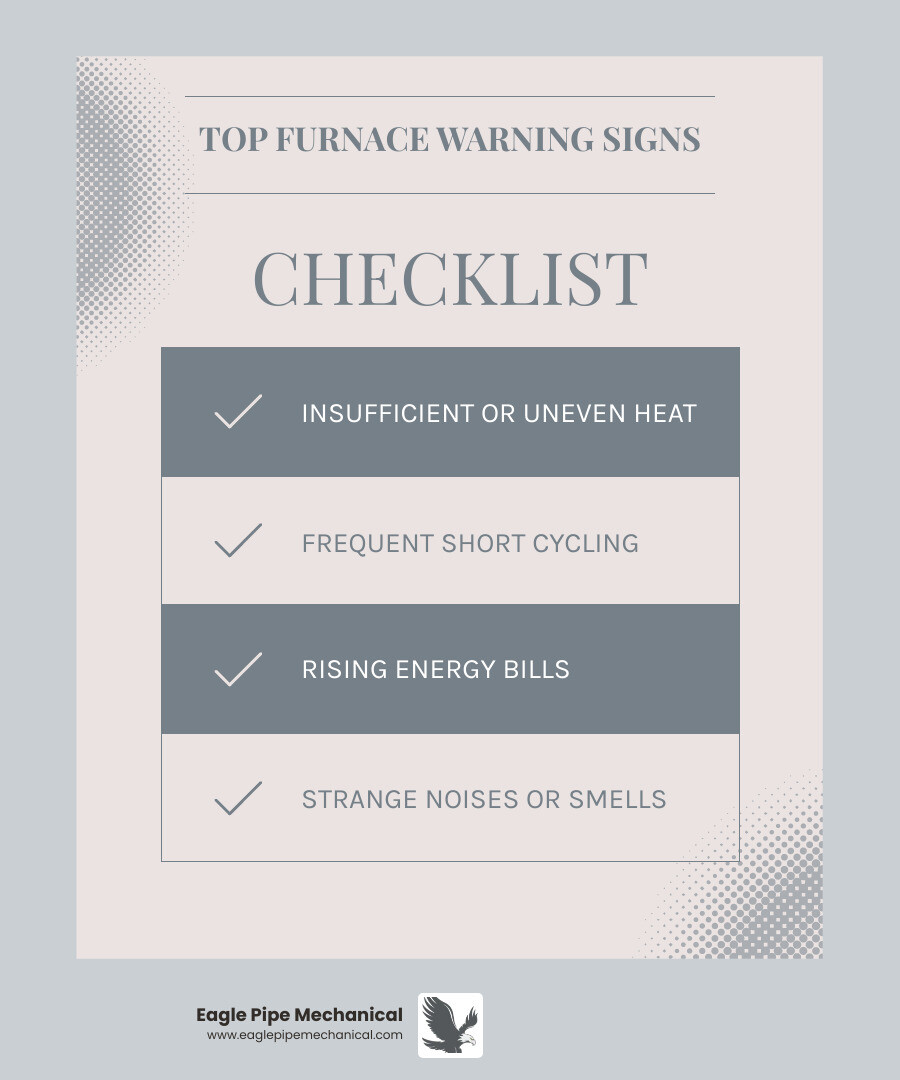 infographic showing the top 5 warning signs your furnace needs attention: insufficient or uneven heat throughout your home, short cycling where the furnace turns on and off frequently, unexplained increases in energy bills, strange noises like banging squealing or rattling, and unusual smells especially burning odors or a yellow pilot light flame - Furnace repair Port Orchard infographic checklist-light-blue-grey infographic showing the top 5 warning signs your furnace needs attention: insufficient or uneven heat throughout your home, short cycling where the furnace turns on and off frequently, unexplained increases in energy bills, strange noises like banging squealing or rattling, and unusual smells especially burning odors or a yellow pilot light flame - Furnace repair Port Orchard infographic checklist-light-blue-grey