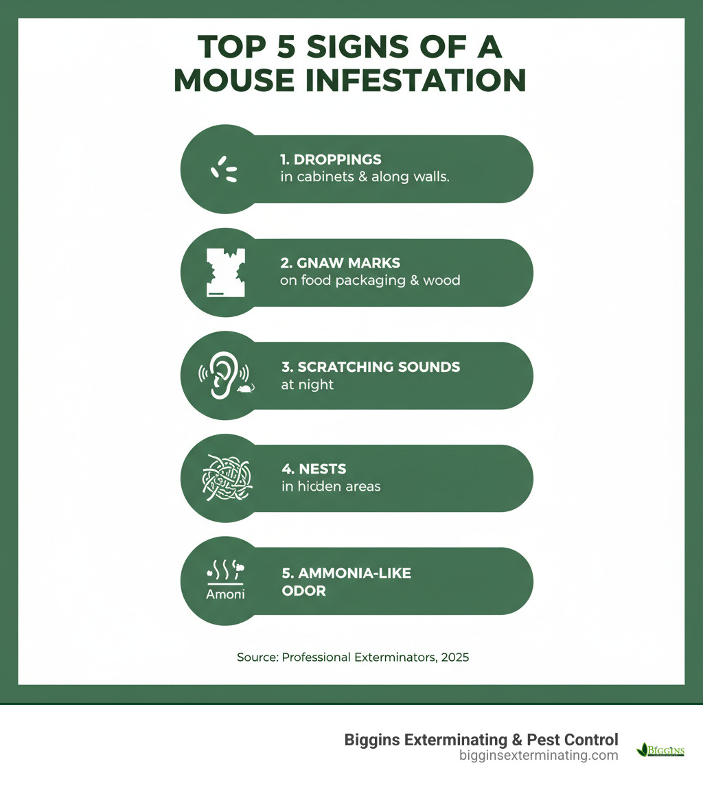Infographic showing the top 5 signs of a mouse infestation: 1. Rice-sized droppings in cabinets and along walls, 2. Gnaw marks on food packaging and wood, 3. Scratching or scurrying sounds at night, 4. Nests made of shredded paper or fabric in hidden areas, 5. Strong ammonia-like odor from urine - Mice extermination near me infographic Infographic showing the top 5 signs of a mouse infestation: 1. Rice-sized droppings in cabinets and along walls, 2. Gnaw marks on food packaging and wood, 3. Scratching or scurrying sounds at night, 4. Nests made of shredded paper or fabric in hidden areas, 5. Strong ammonia-like odor from urine - Mice extermination near me infographic