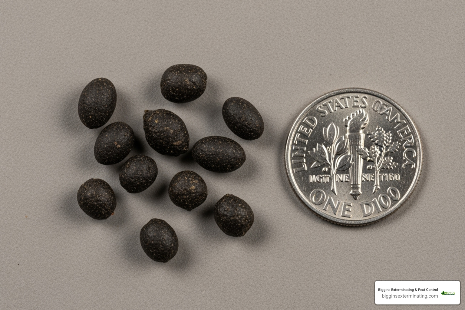 Rice-sized mouse droppings next to a dime for scale - Mice extermination near me Rice-sized mouse droppings next to a dime for scale - Mice extermination near me
