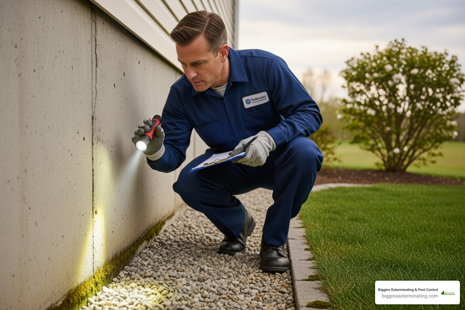 A pest control professional inspecting a home's foundation with a flashlight - Mice extermination near me A pest control professional inspecting a home's foundation with a flashlight - Mice extermination near me