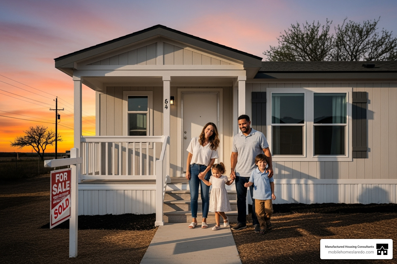 A happy family standing on the porch of their new manufactured home, with a Texas sunset in the background - New manufactured homes Texas A happy family standing on the porch of their new manufactured home, with a Texas sunset in the background - New manufactured homes Texas