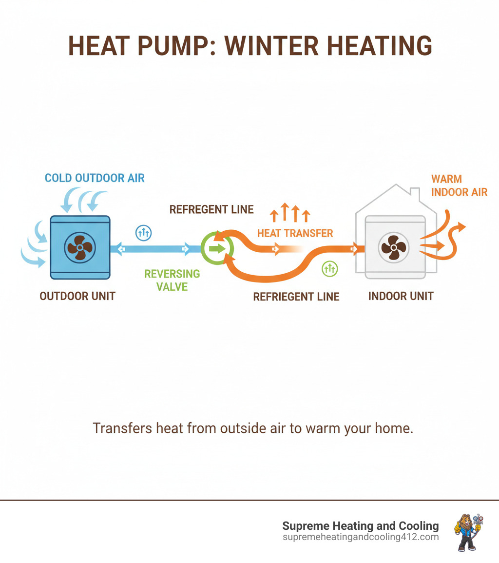 infographic showing how a heat pump transfers heat from outdoor air through refrigerant to indoor air during winter heating mode, with labeled components including outdoor unit, indoor unit, refrigerant lines, and reversing valve - heat pump blowing cold air in castle shannon, pa infographic 