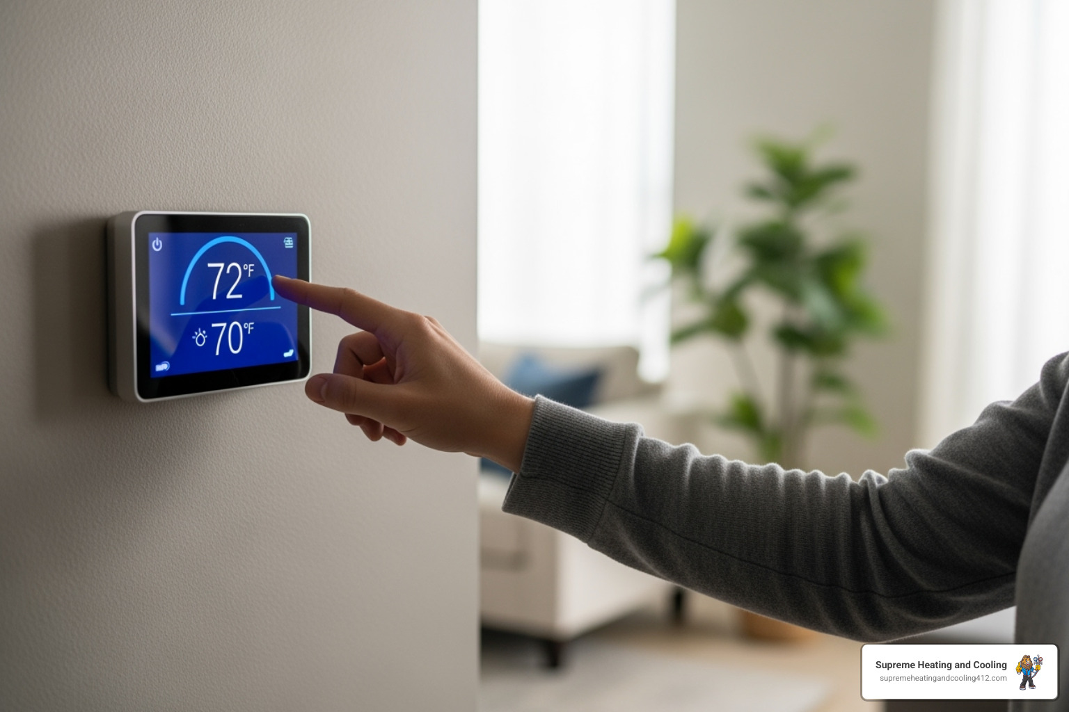 person checking their thermostat - heat pump blowing cold air in castle shannon, pa