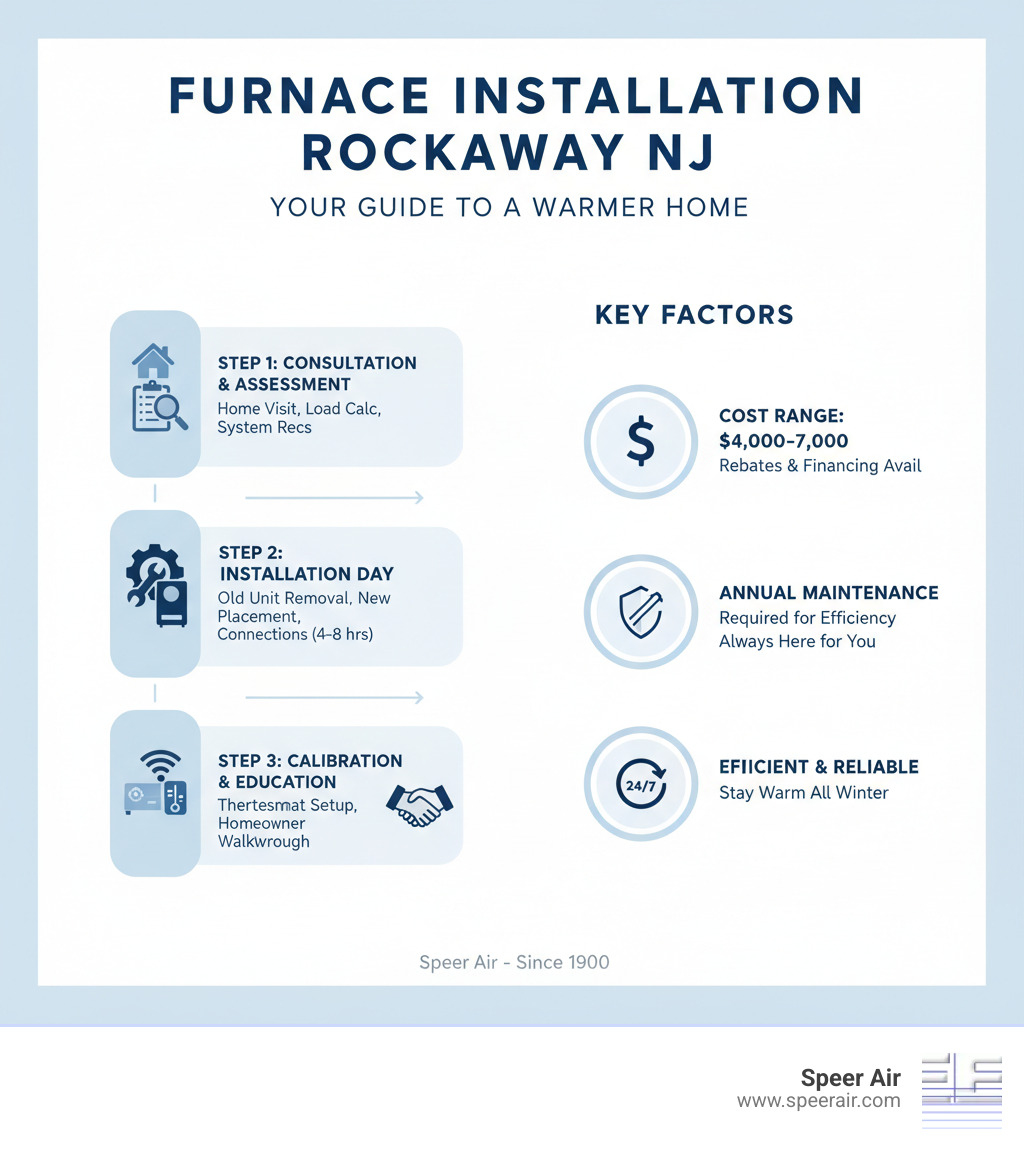 Infographic showing the furnace installation process in Rockaway NJ: Step 1 - Initial consultation and home assessment with load calculation and system recommendations. Step 2 - Installation day with old unit removal, new furnace placement, ductwork and fuel line connections. Step 3 - System calibration, thermostat setup, and homeowner education. Plus key factors: available rebates, annual maintenance, and 24/7 emergency service availability. - furnace installation rockaway nj infographic Infographic showing the furnace installation process in Rockaway NJ: Step 1 - Initial consultation and home assessment with load calculation and system recommendations. Step 2 - Installation day with old unit removal, new furnace placement, ductwork and fuel line connections. Step 3 - System calibration, thermostat setup, and homeowner education. Plus key factors: available rebates, annual maintenance, and 24/7 emergency service availability. - furnace installation rockaway nj infographic