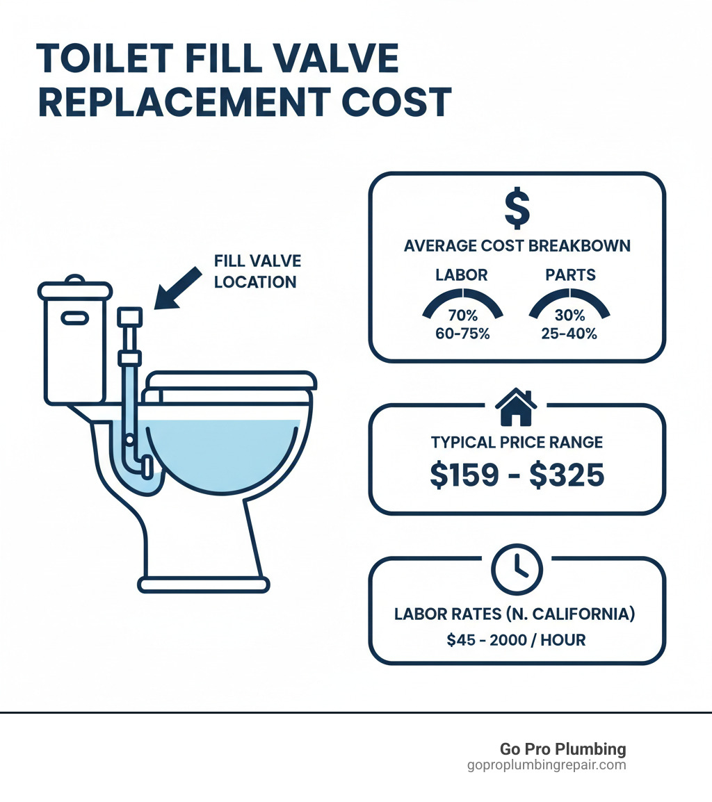 Infographic showing toilet tank anatomy with fill valve location, average cost breakdown showing 60-75% labor and 25-40% parts, typical price range of $159-$325, and common labor rates of $45-$200 per hour in Northern California - cost of replacing toilet fill valve infographic Infographic showing toilet tank anatomy with fill valve location, average cost breakdown showing 60-75% labor and 25-40% parts, typical price range of $159-$325, and common labor rates of $45-$200 per hour in Northern California - cost of replacing toilet fill valve infographic